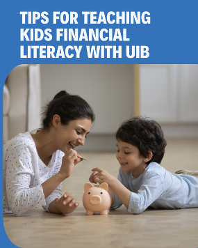 A mom and her son putting coins in a piggy bank