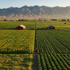A green field with two red barns