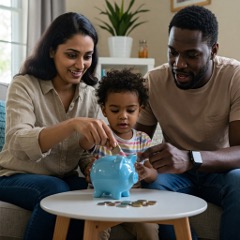 A family putting money in a piggy bank